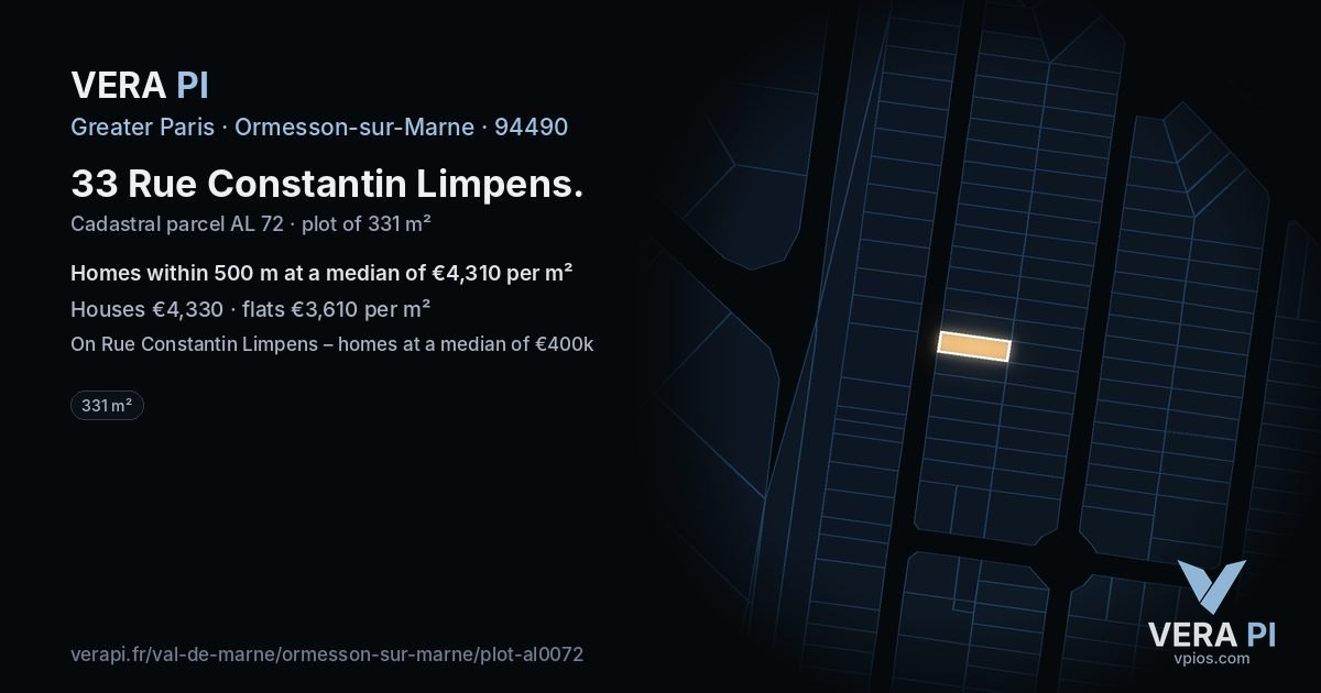 33 Rue Constantin Limpens, Ormesson-sur-Marne at night – the plot lit, the parcels around coloured by the prices near them