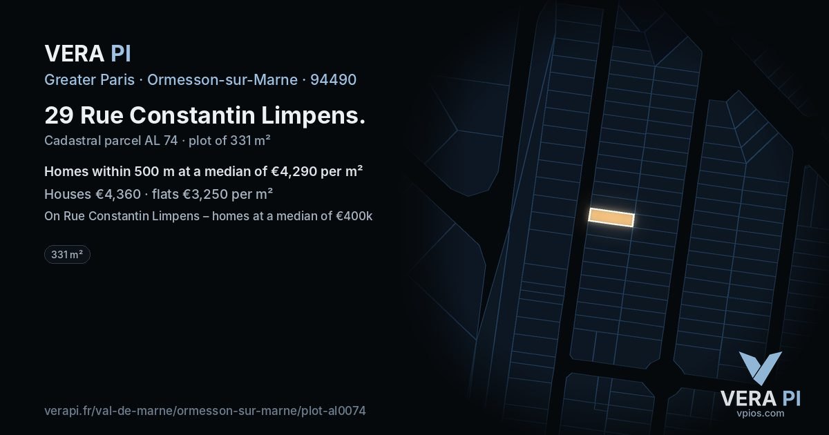 29 Rue Constantin Limpens, Ormesson-sur-Marne at night – the plot lit, the parcels around coloured by the prices near them