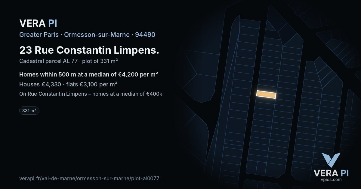 23 Rue Constantin Limpens, Ormesson-sur-Marne at night – the plot lit, the parcels around coloured by the prices near them
