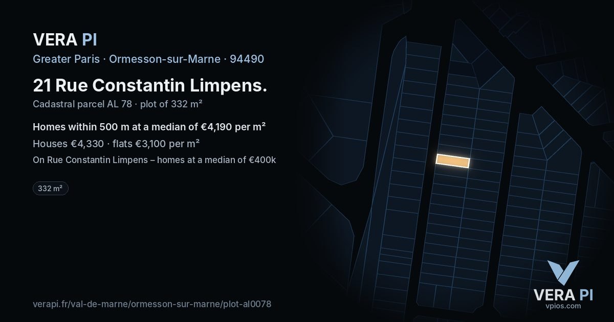 21 Rue Constantin Limpens, Ormesson-sur-Marne at night – the plot lit, the parcels around coloured by the prices near them