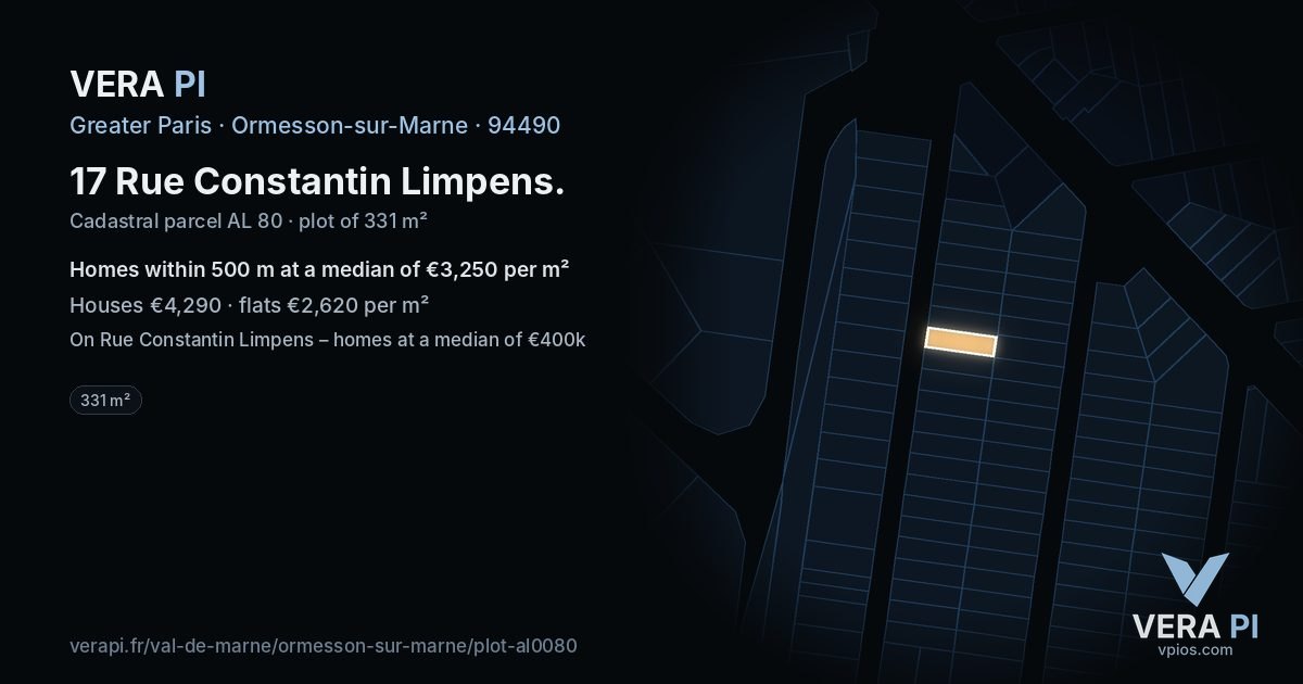 17 Rue Constantin Limpens, Ormesson-sur-Marne at night – the plot lit, the parcels around coloured by the prices near them