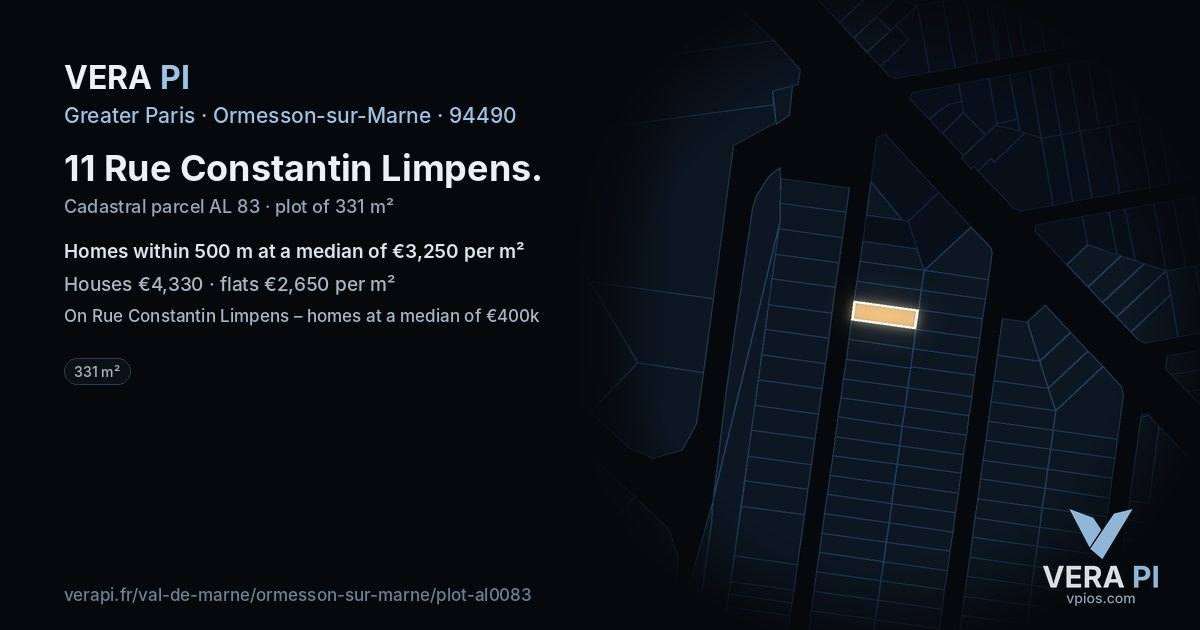 11 Rue Constantin Limpens, Ormesson-sur-Marne at night – the plot lit, the parcels around coloured by the prices near them
