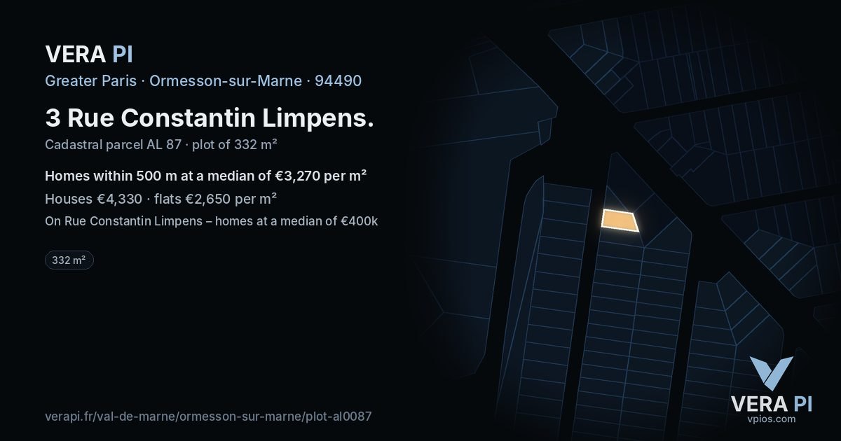 3 Rue Constantin Limpens, Ormesson-sur-Marne at night – the plot lit, the parcels around coloured by the prices near them