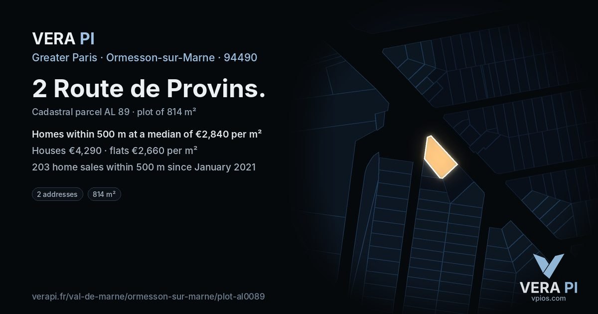 2 Route de Provins, Ormesson-sur-Marne at night – the plot lit, the parcels around coloured by the prices near them