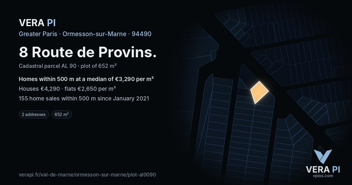 8 Route de Provins, Ormesson-sur-Marne at night – the plot lit, the parcels around coloured by the prices near them