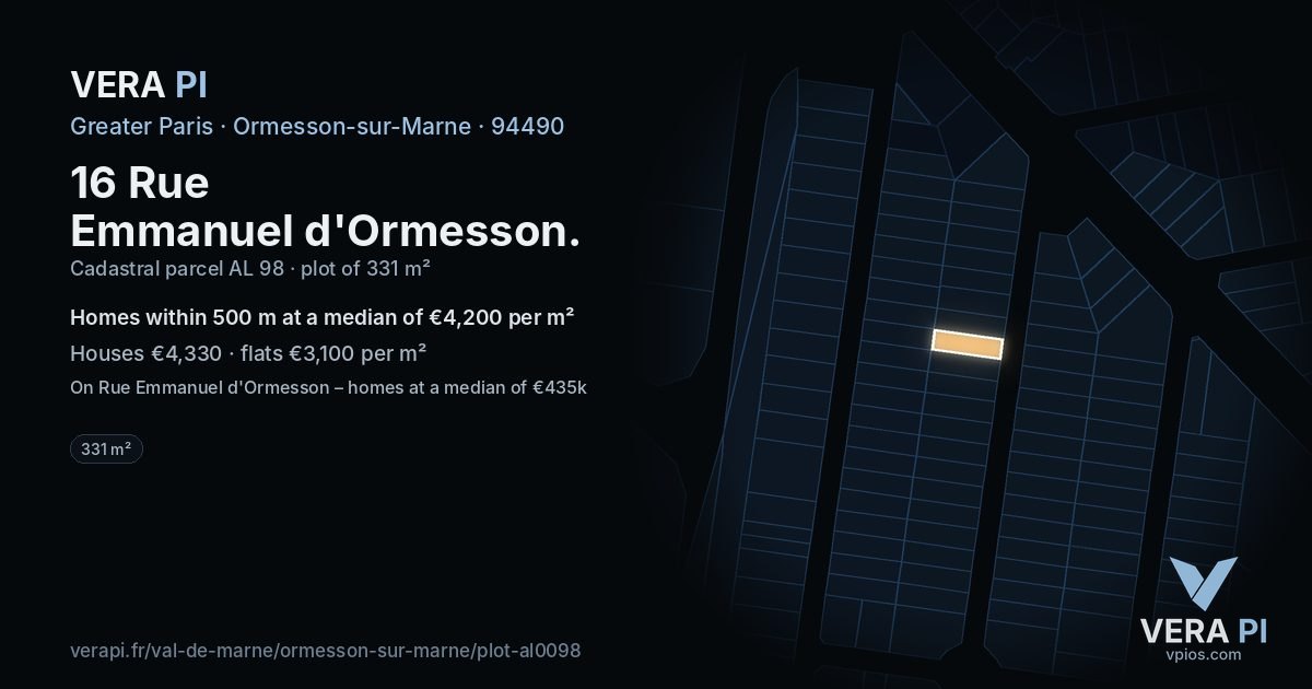 16 Rue Emmanuel d'Ormesson, Ormesson-sur-Marne at night – the plot lit, the parcels around coloured by the prices near them