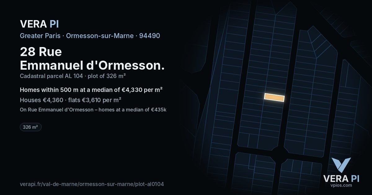 28 Rue Emmanuel d'Ormesson, Ormesson-sur-Marne at night – the plot lit, the parcels around coloured by the prices near them