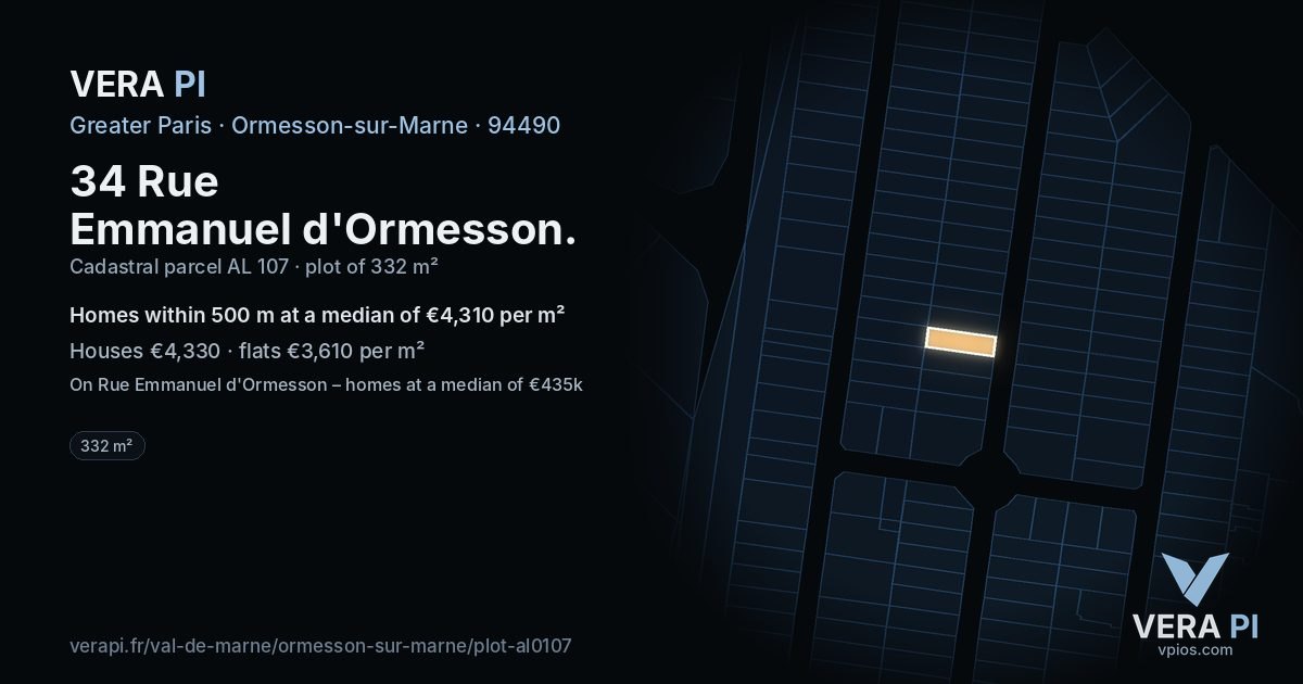 34 Rue Emmanuel d'Ormesson, Ormesson-sur-Marne at night – the plot lit, the parcels around coloured by the prices near them