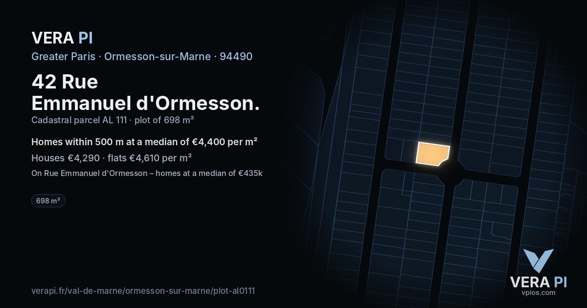 42 Rue Emmanuel d'Ormesson, Ormesson-sur-Marne at night – the plot lit, the parcels around coloured by the prices near them