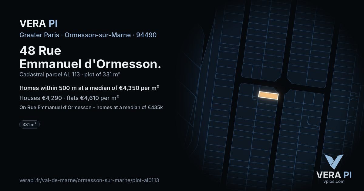 48 Rue Emmanuel d'Ormesson, Ormesson-sur-Marne at night – the plot lit, the parcels around coloured by the prices near them