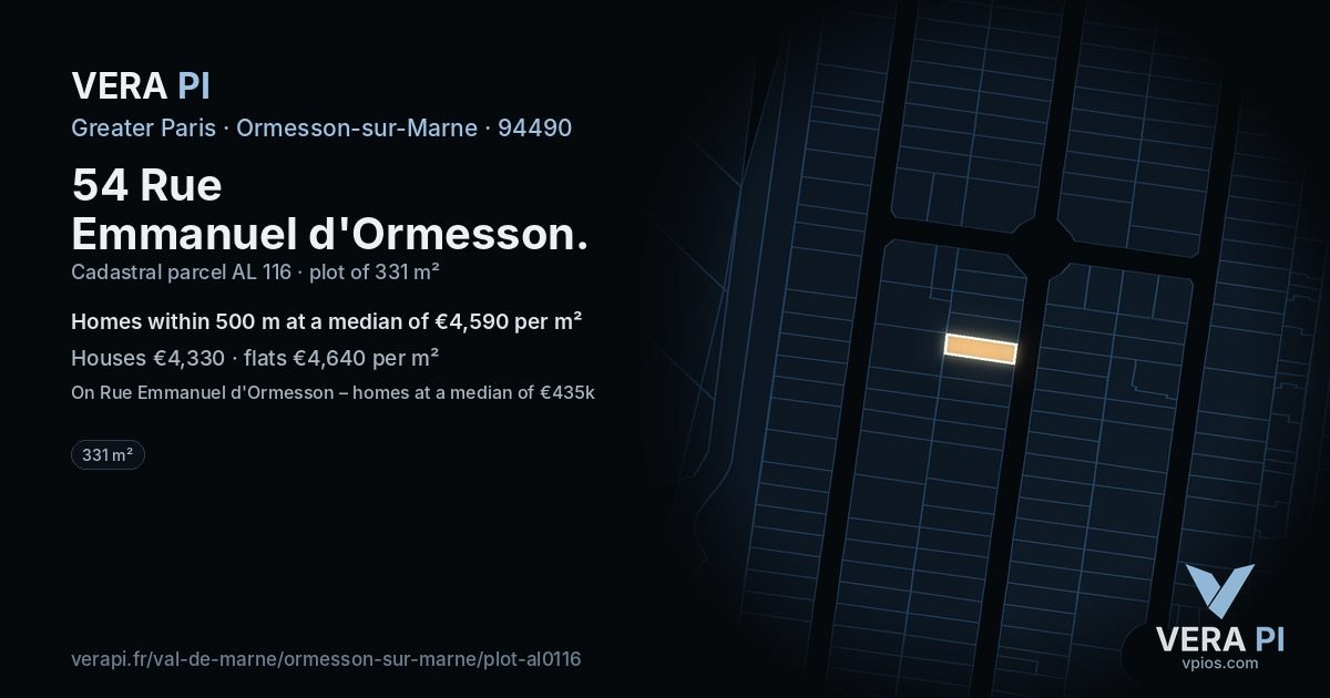 54 Rue Emmanuel d'Ormesson, Ormesson-sur-Marne at night – the plot lit, the parcels around coloured by the prices near them