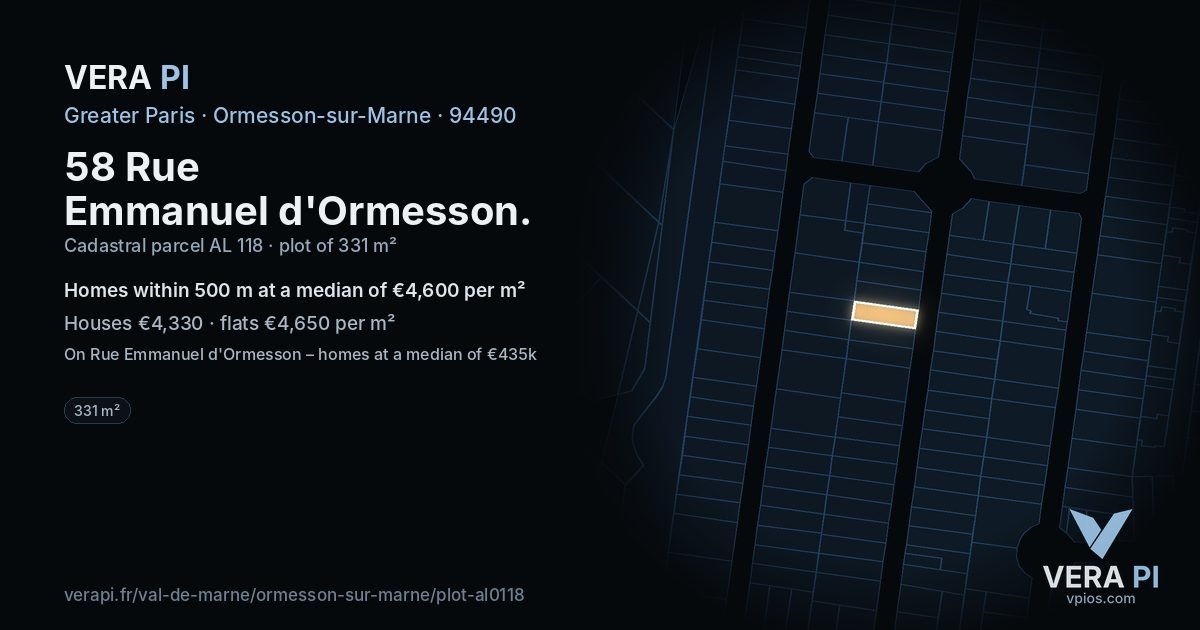 58 Rue Emmanuel d'Ormesson, Ormesson-sur-Marne at night – the plot lit, the parcels around coloured by the prices near them
