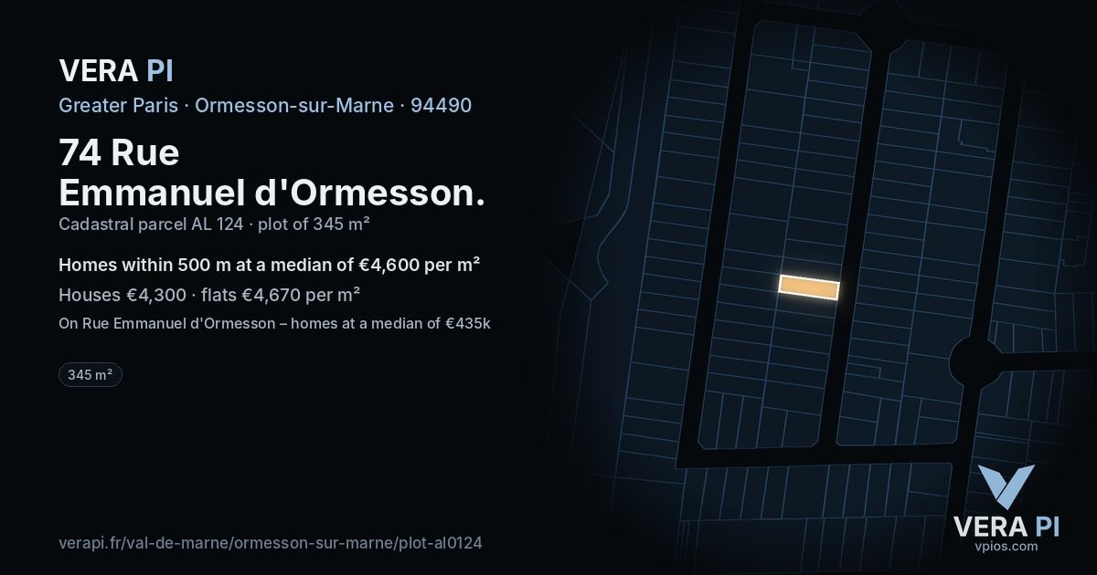 74 Rue Emmanuel d'Ormesson, Ormesson-sur-Marne at night – the plot lit, the parcels around coloured by the prices near them