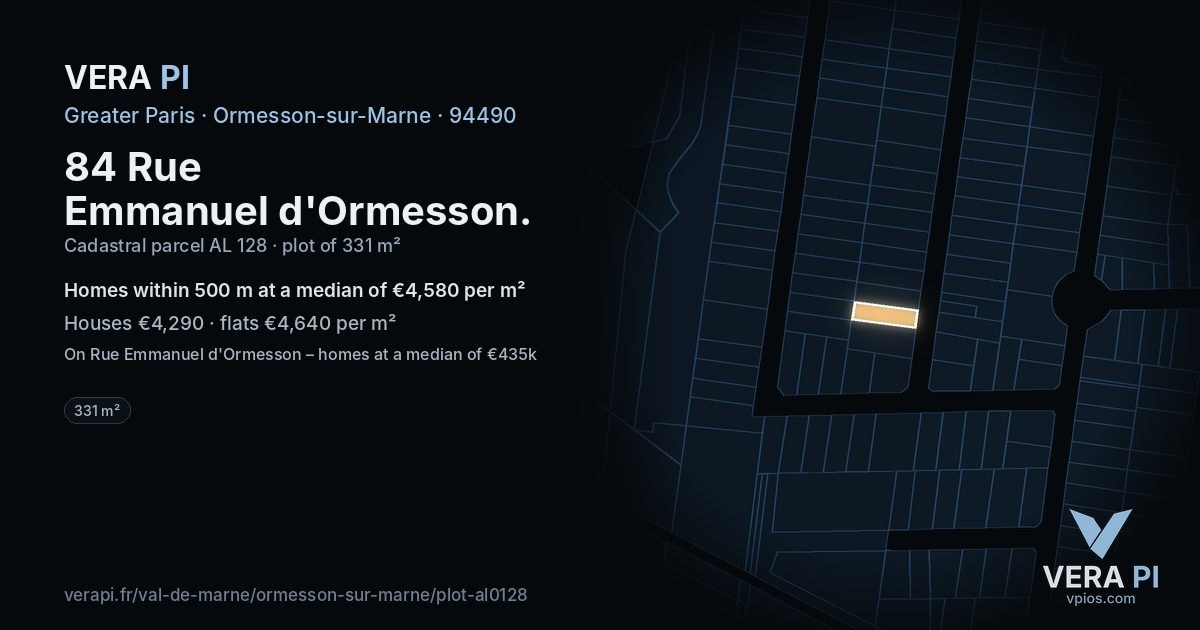 84 Rue Emmanuel d'Ormesson, Ormesson-sur-Marne at night – the plot lit, the parcels around coloured by the prices near them
