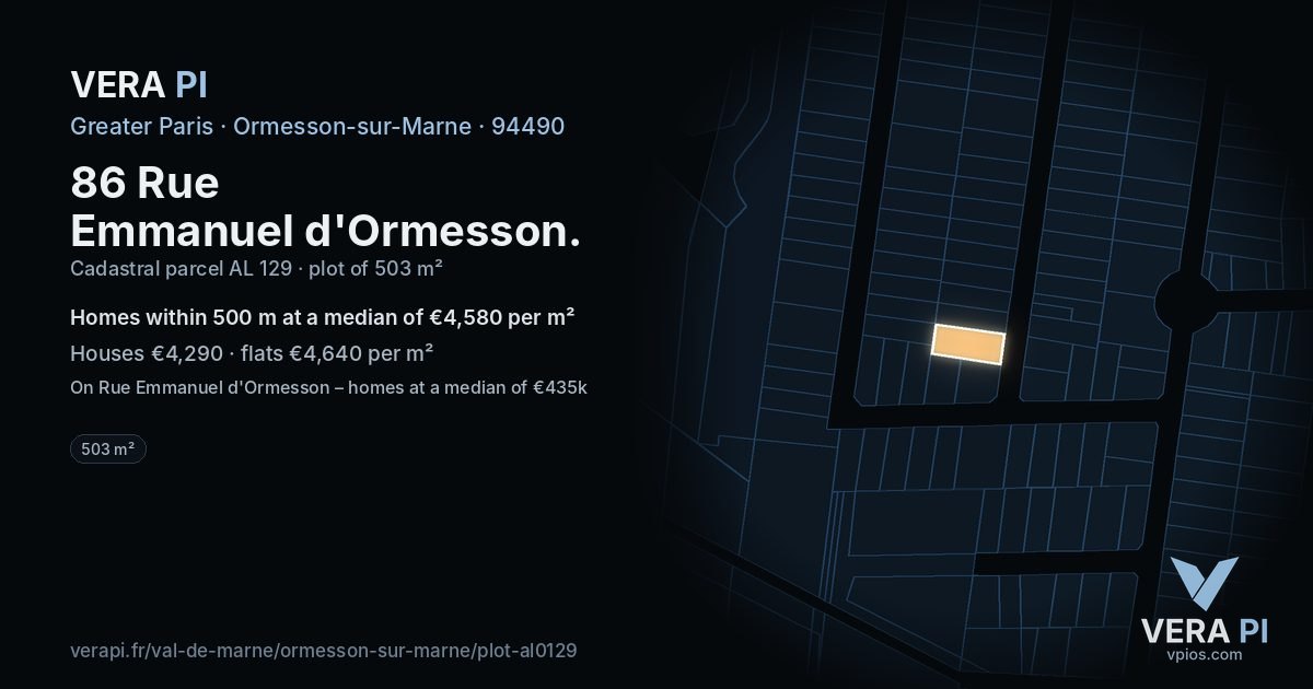 86 Rue Emmanuel d'Ormesson, Ormesson-sur-Marne at night – the plot lit, the parcels around coloured by the prices near them