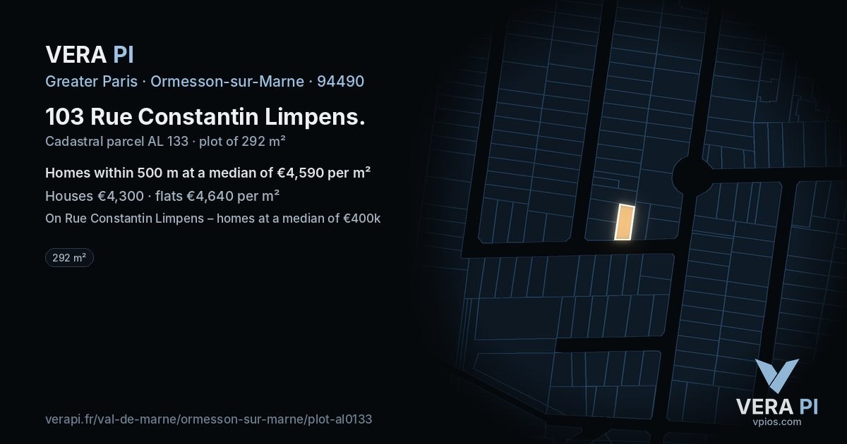 103 Rue Constantin Limpens, Ormesson-sur-Marne at night – the plot lit, the parcels around coloured by the prices near them
