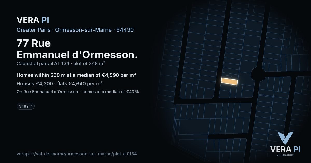 77 Rue Emmanuel d'Ormesson, Ormesson-sur-Marne at night – the plot lit, the parcels around coloured by the prices near them