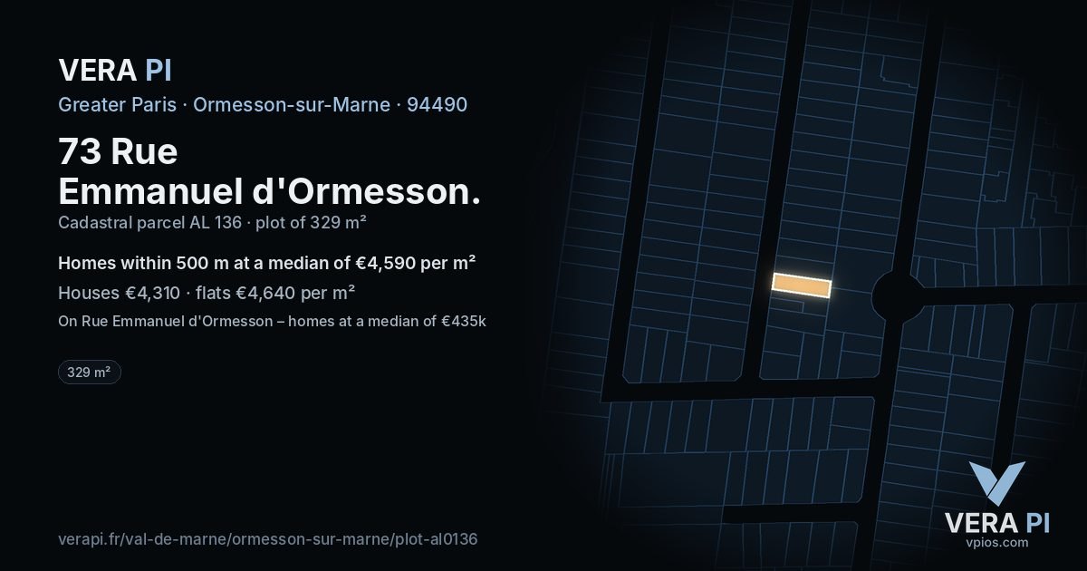 73 Rue Emmanuel d'Ormesson, Ormesson-sur-Marne at night – the plot lit, the parcels around coloured by the prices near them
