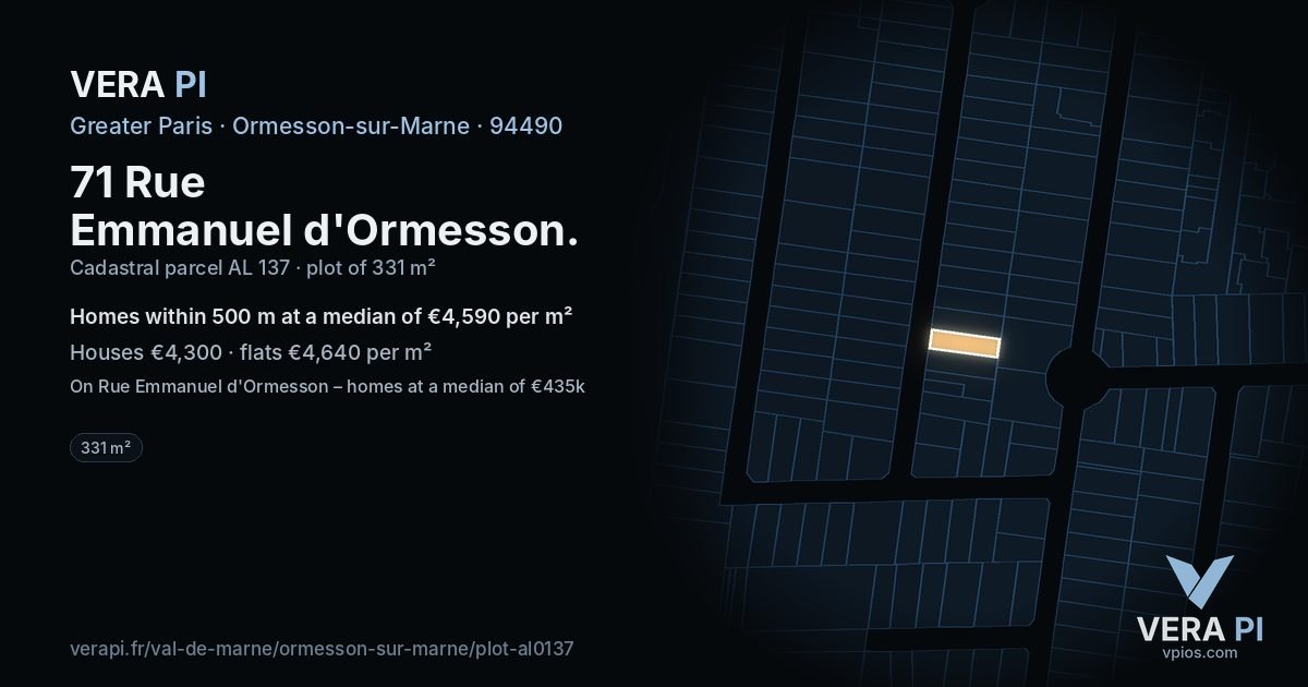 71 Rue Emmanuel d'Ormesson, Ormesson-sur-Marne at night – the plot lit, the parcels around coloured by the prices near them
