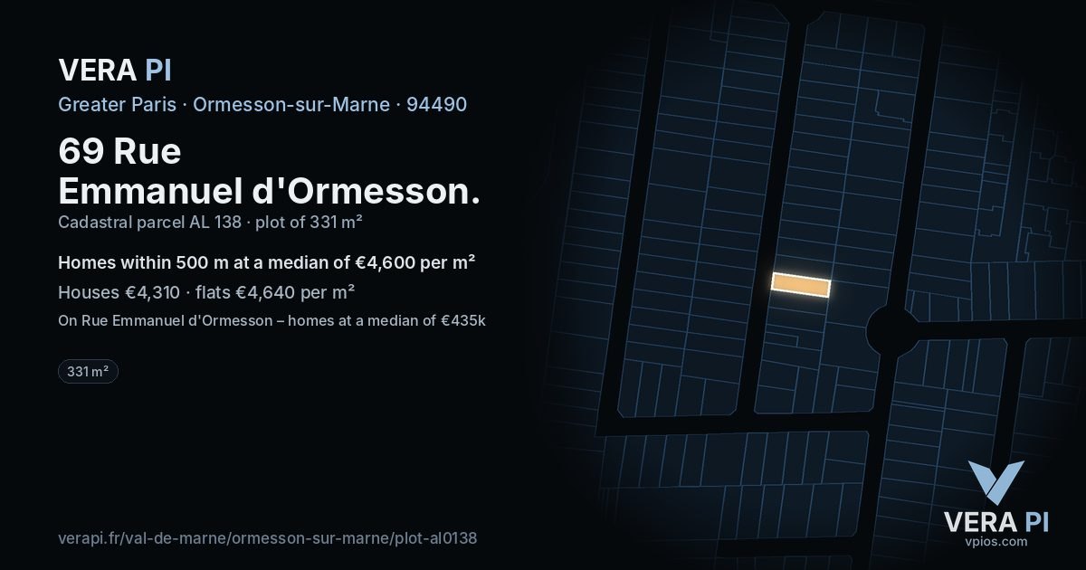 69 Rue Emmanuel d'Ormesson, Ormesson-sur-Marne at night – the plot lit, the parcels around coloured by the prices near them