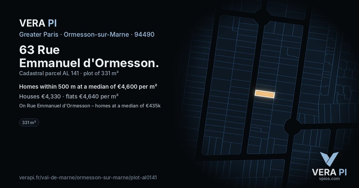 63 Rue Emmanuel d'Ormesson, Ormesson-sur-Marne at night – the plot lit, the parcels around coloured by the prices near them