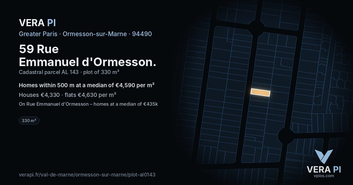 59 Rue Emmanuel d'Ormesson, Ormesson-sur-Marne at night – the plot lit, the parcels around coloured by the prices near them