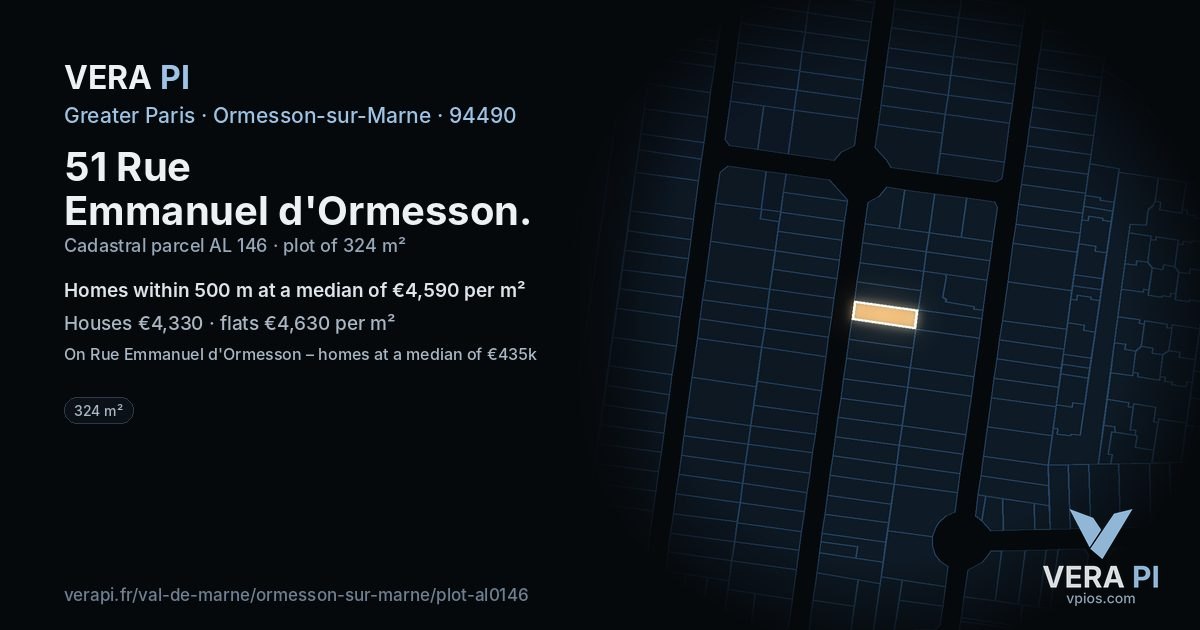 51 Rue Emmanuel d'Ormesson, Ormesson-sur-Marne at night – the plot lit, the parcels around coloured by the prices near them