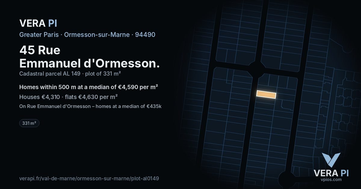 45 Rue Emmanuel d'Ormesson, Ormesson-sur-Marne at night – the plot lit, the parcels around coloured by the prices near them