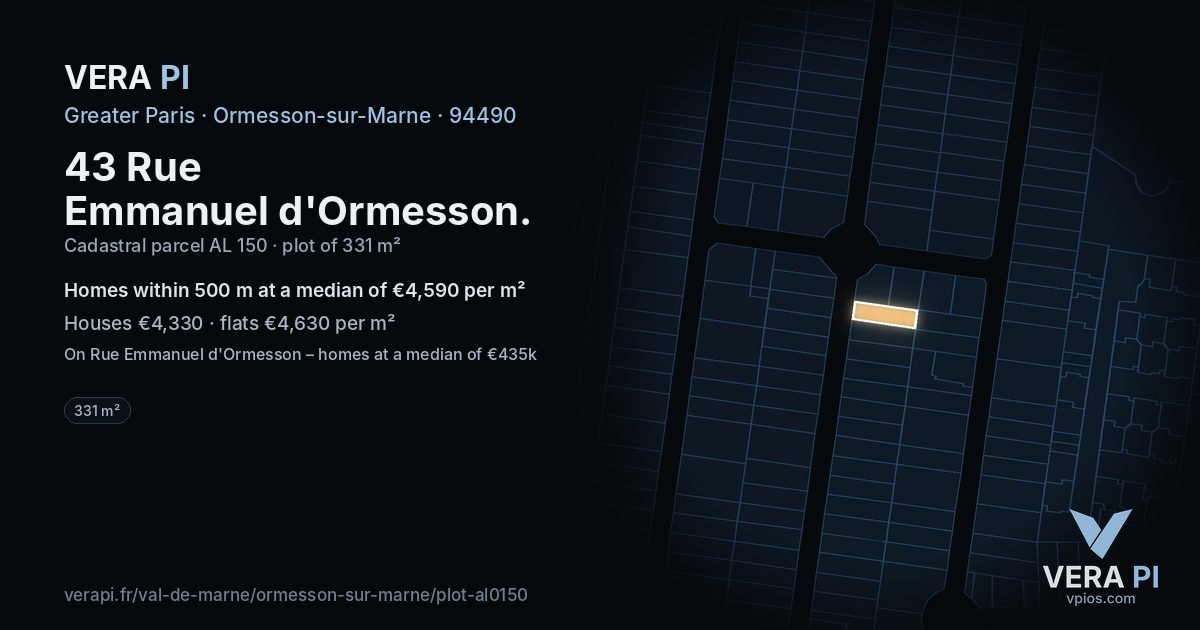 43 Rue Emmanuel d'Ormesson, Ormesson-sur-Marne at night – the plot lit, the parcels around coloured by the prices near them