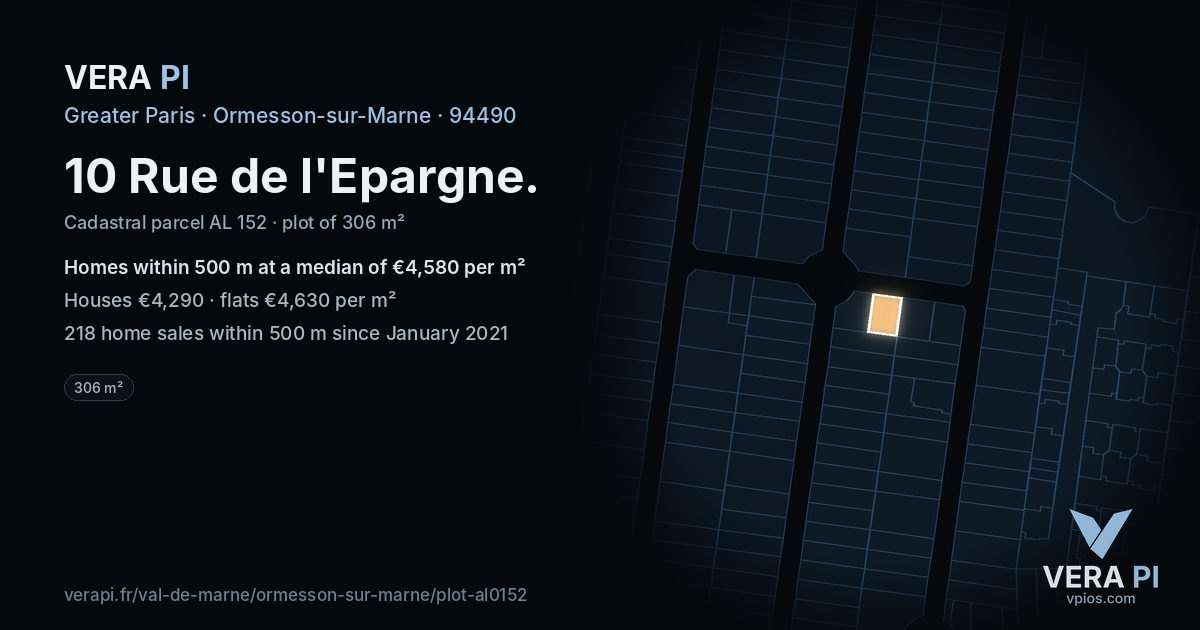 10 Rue de l'Epargne, Ormesson-sur-Marne at night – the plot lit, the parcels around coloured by the prices near them