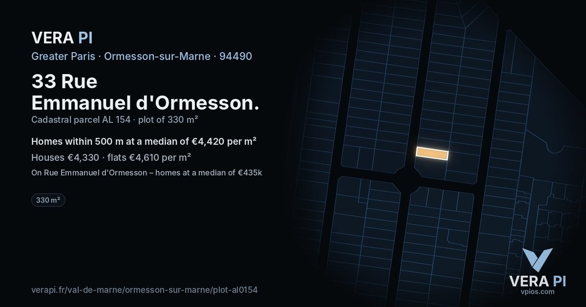 33 Rue Emmanuel d'Ormesson, Ormesson-sur-Marne at night – the plot lit, the parcels around coloured by the prices near them
