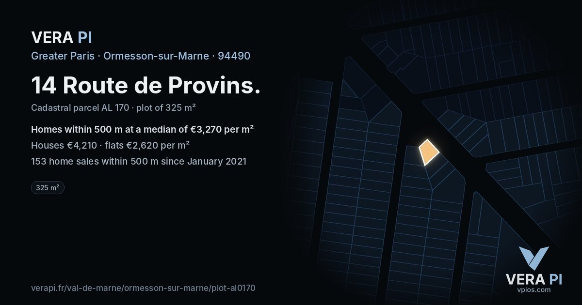 14 Route de Provins, Ormesson-sur-Marne at night – the plot lit, the parcels around coloured by the prices near them