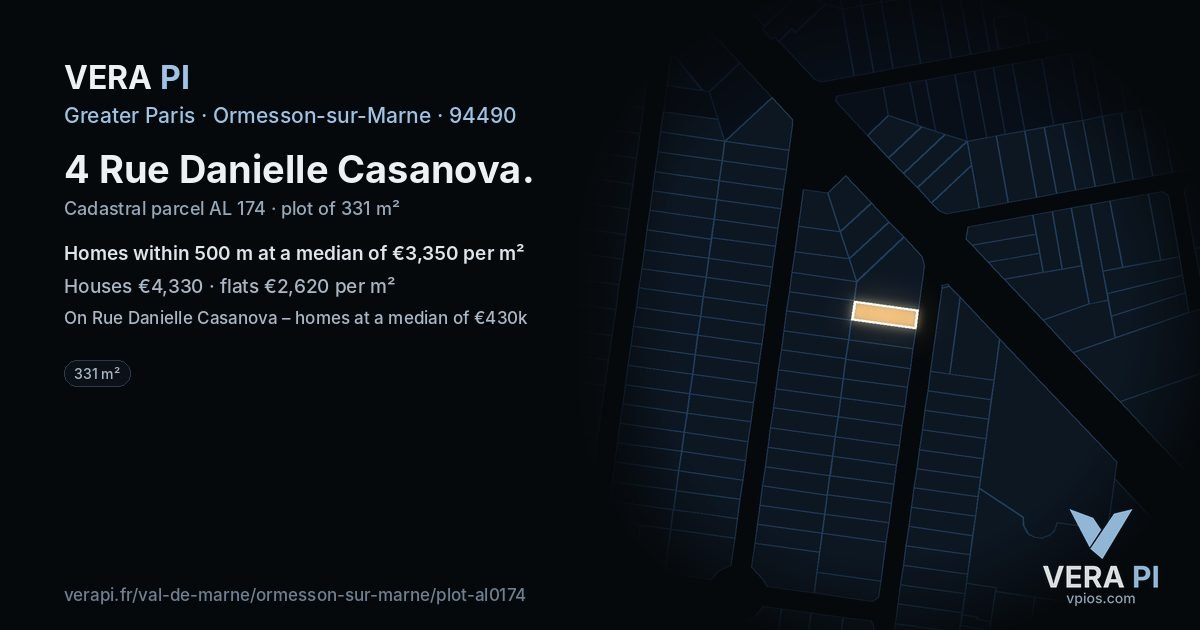 4 Rue Danielle Casanova, Ormesson-sur-Marne at night – the plot lit, the parcels around coloured by the prices near them