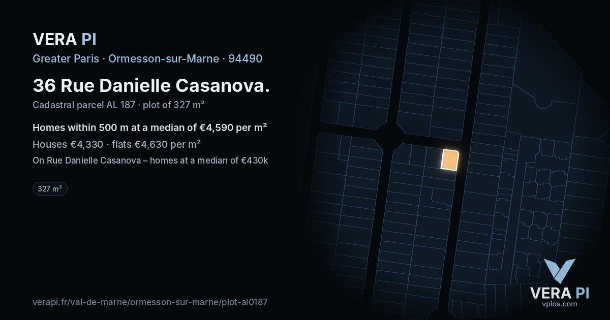 36 Rue Danielle Casanova, Ormesson-sur-Marne at night – the plot lit, the parcels around coloured by the prices near them