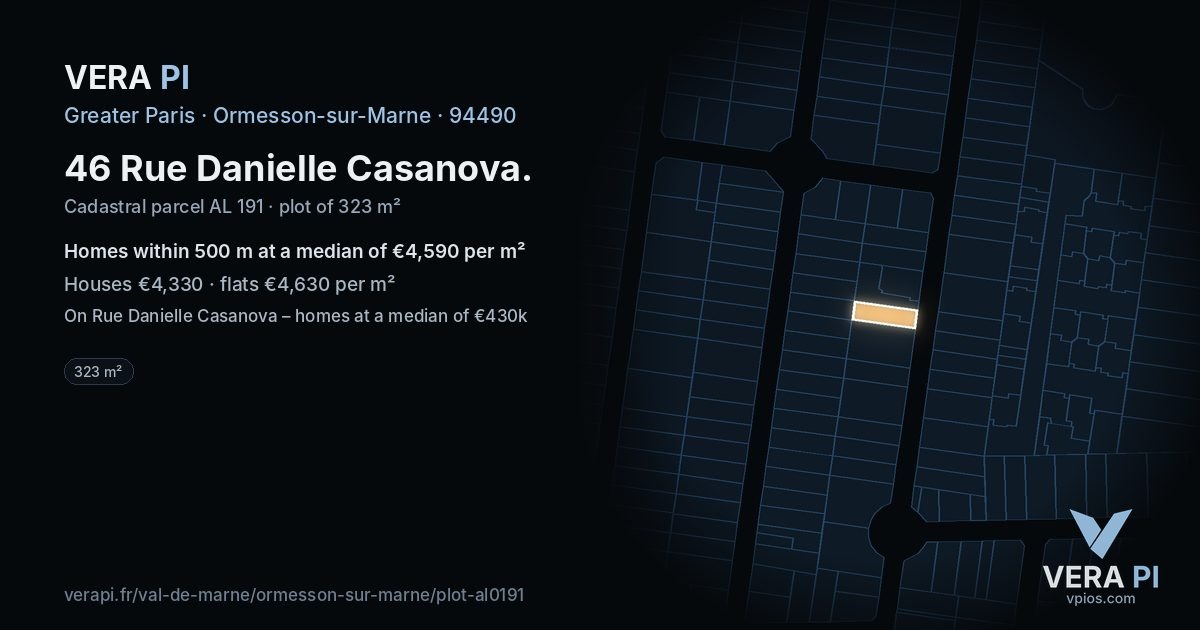 46 Rue Danielle Casanova, Ormesson-sur-Marne at night – the plot lit, the parcels around coloured by the prices near them