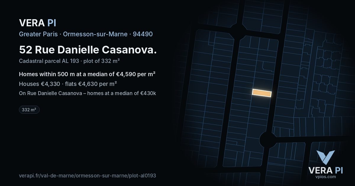 52 Rue Danielle Casanova, Ormesson-sur-Marne at night – the plot lit, the parcels around coloured by the prices near them