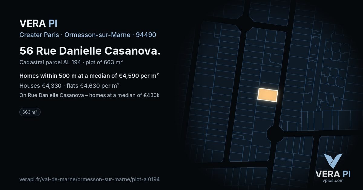 56 Rue Danielle Casanova, Ormesson-sur-Marne at night – the plot lit, the parcels around coloured by the prices near them