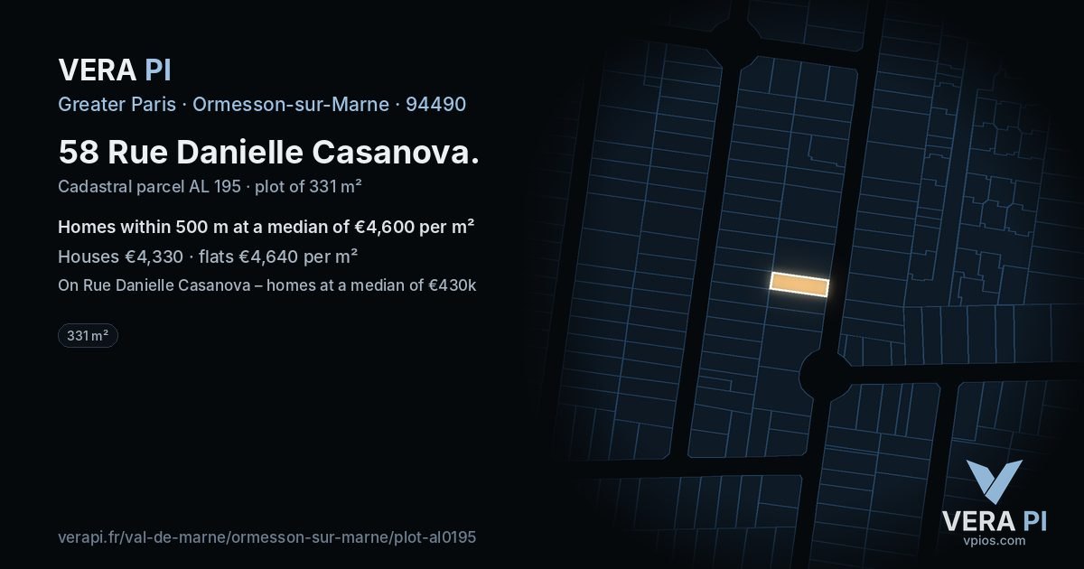 58 Rue Danielle Casanova, Ormesson-sur-Marne at night – the plot lit, the parcels around coloured by the prices near them