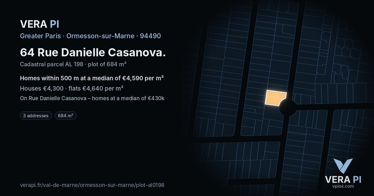 64 Rue Danielle Casanova, Ormesson-sur-Marne at night – the plot lit, the parcels around coloured by the prices near them