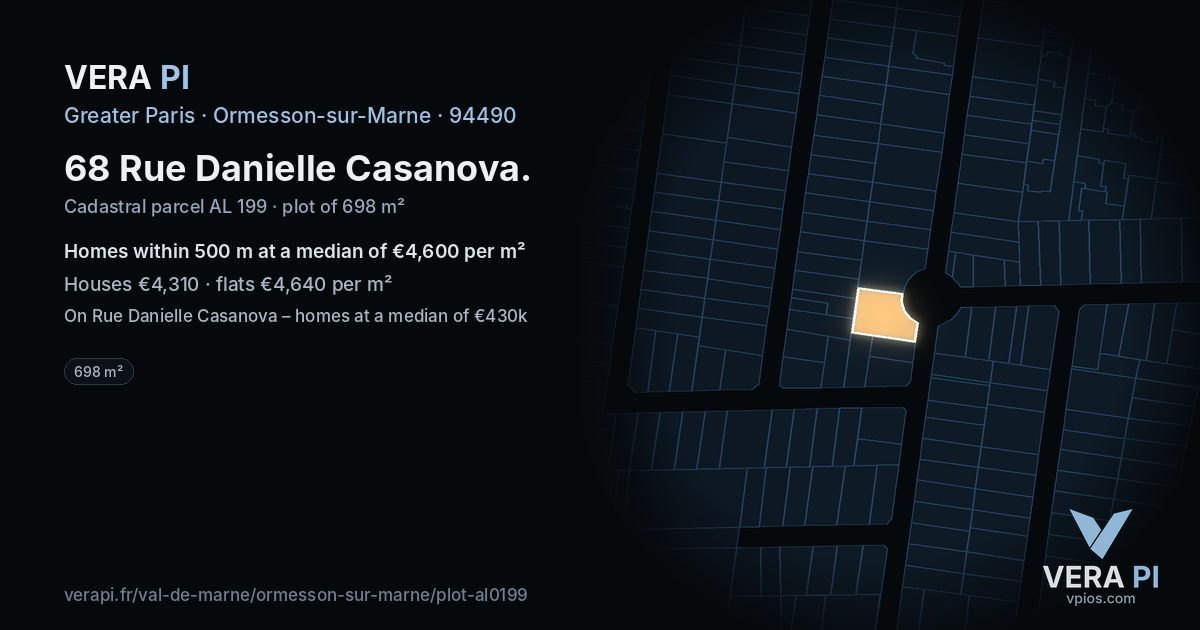 68 Rue Danielle Casanova, Ormesson-sur-Marne at night – the plot lit, the parcels around coloured by the prices near them