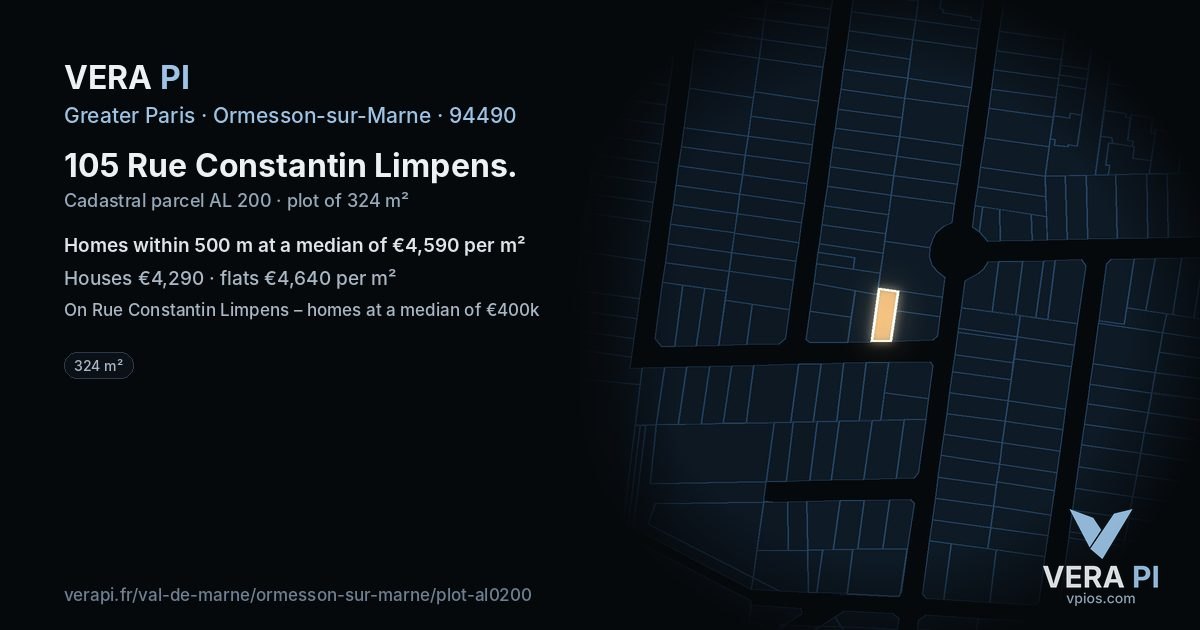 105 Rue Constantin Limpens, Ormesson-sur-Marne at night – the plot lit, the parcels around coloured by the prices near them