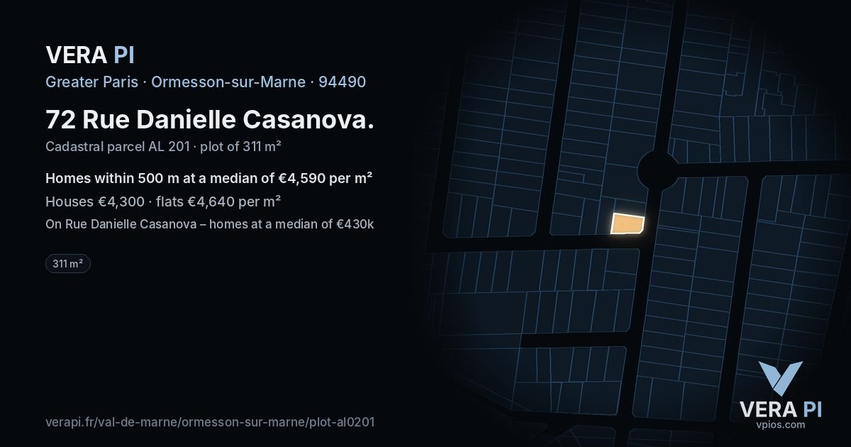 72 Rue Danielle Casanova, Ormesson-sur-Marne at night – the plot lit, the parcels around coloured by the prices near them