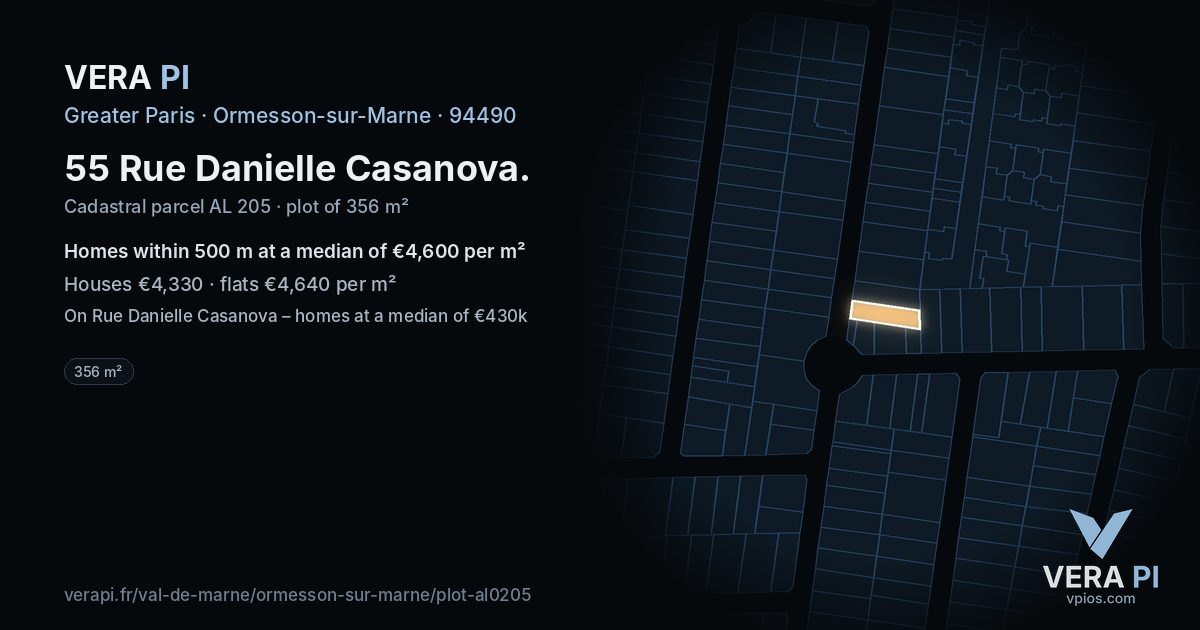 55 Rue Danielle Casanova, Ormesson-sur-Marne at night – the plot lit, the parcels around coloured by the prices near them