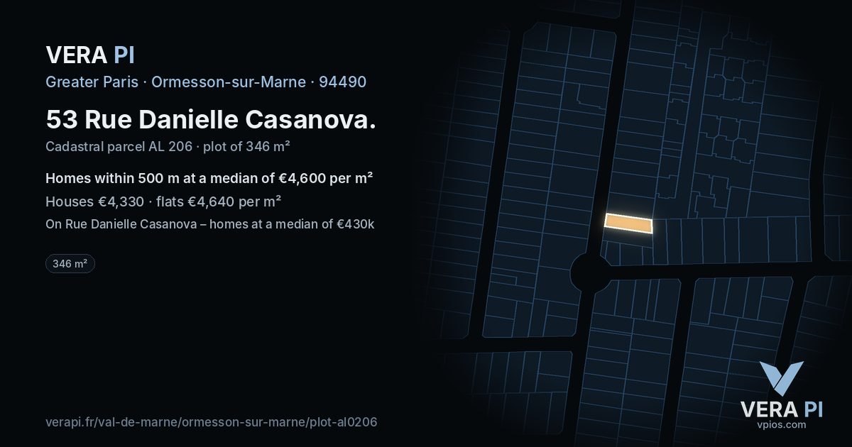 53 Rue Danielle Casanova, Ormesson-sur-Marne at night – the plot lit, the parcels around coloured by the prices near them