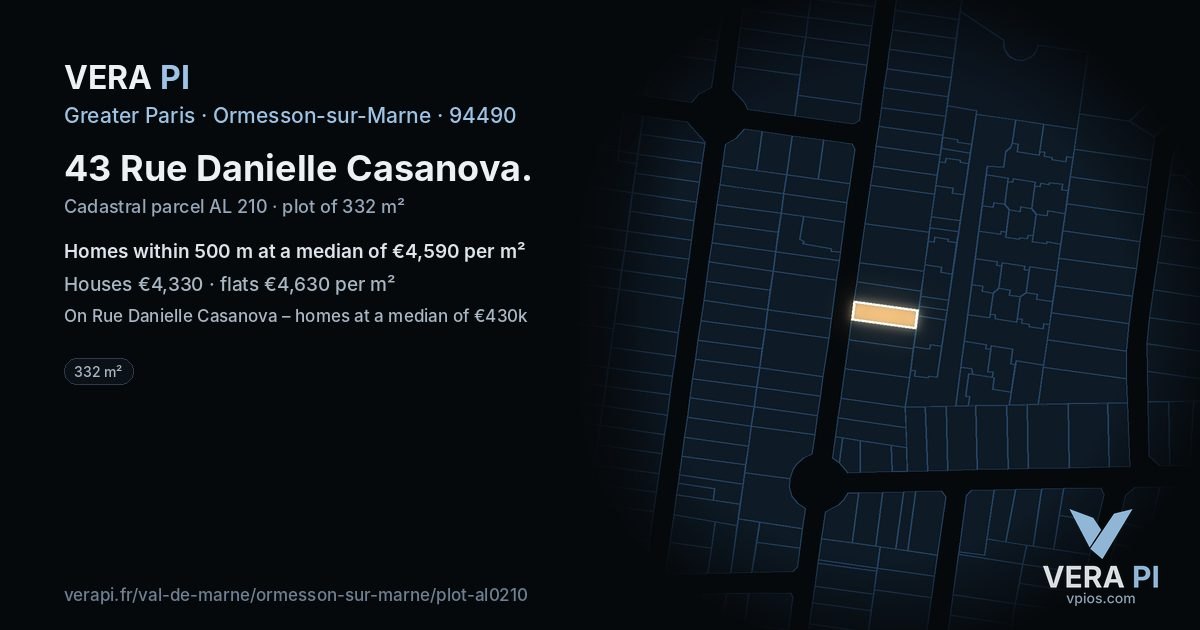 43 Rue Danielle Casanova, Ormesson-sur-Marne at night – the plot lit, the parcels around coloured by the prices near them