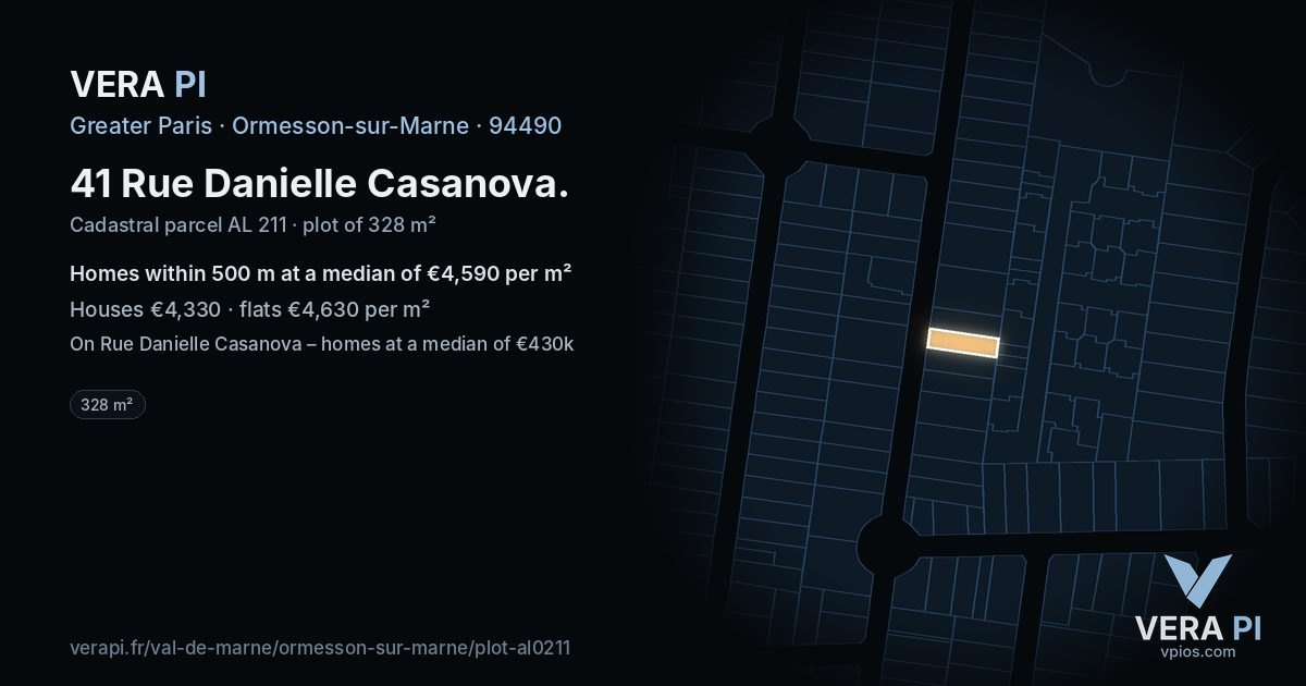 41 Rue Danielle Casanova, Ormesson-sur-Marne at night – the plot lit, the parcels around coloured by the prices near them