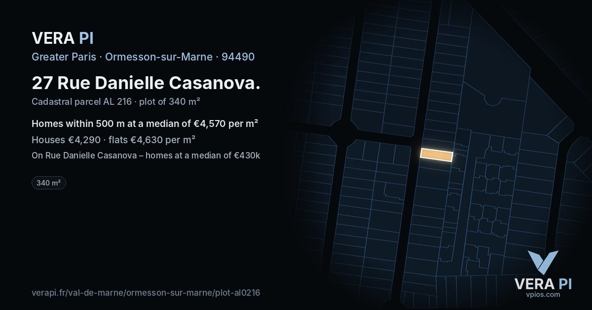 27 Rue Danielle Casanova, Ormesson-sur-Marne at night – the plot lit, the parcels around coloured by the prices near them