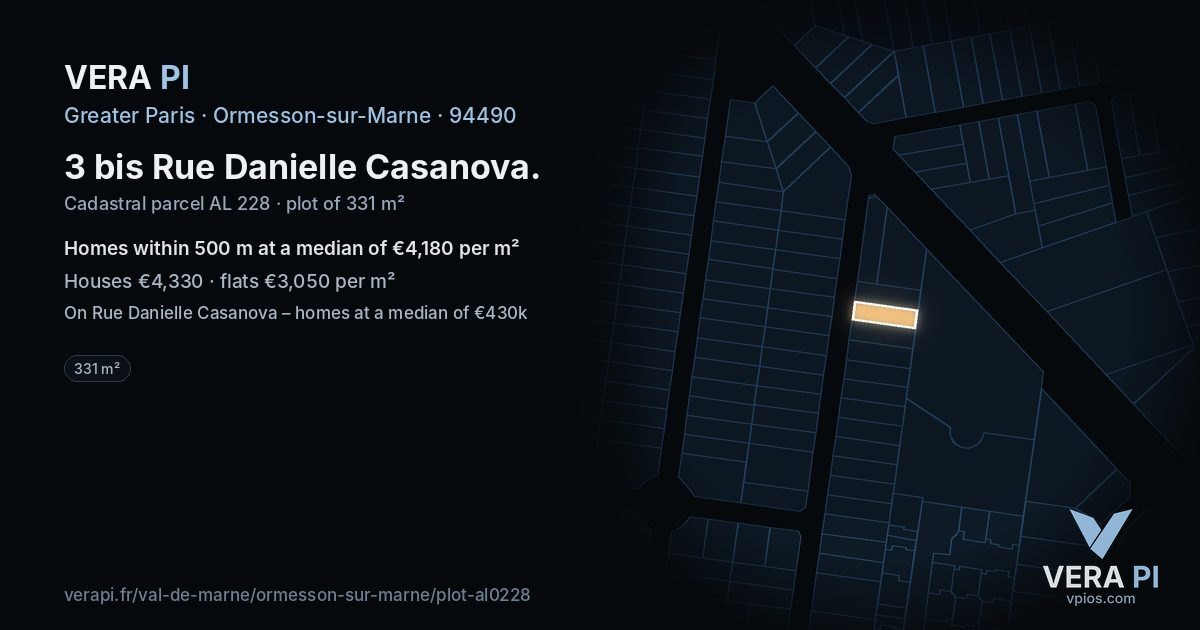 3 bis Rue Danielle Casanova, Ormesson-sur-Marne at night – the plot lit, the parcels around coloured by the prices near them