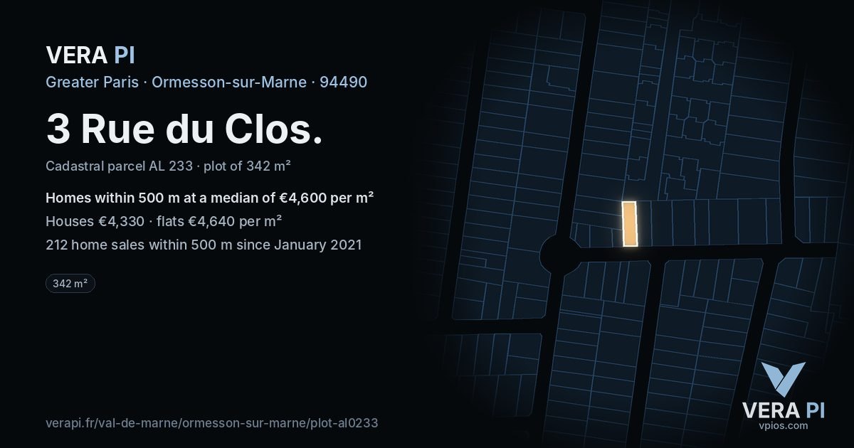 3 Rue du Clos, Ormesson-sur-Marne at night – the plot lit, the parcels around coloured by the prices near them