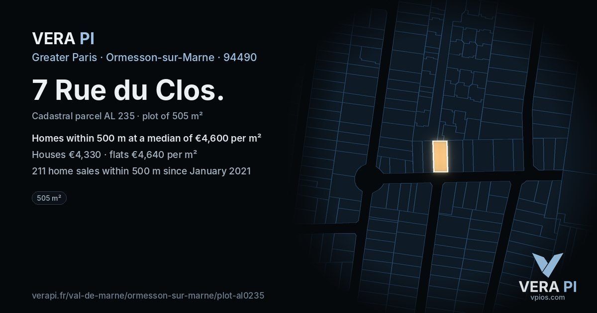 7 Rue du Clos, Ormesson-sur-Marne at night – the plot lit, the parcels around coloured by the prices near them